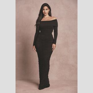 NWT  NAKED WARDROBE Black Rusched Bodycon Maxi Dress  Women's Size Small